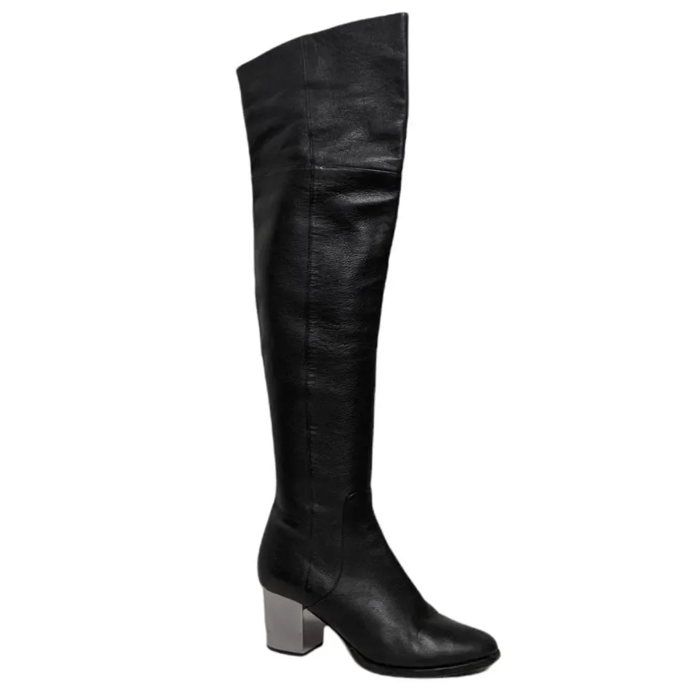 JIMMY CHOO Mercer Over the Knee OTK Leather Silver Block Heel Boots 39.5